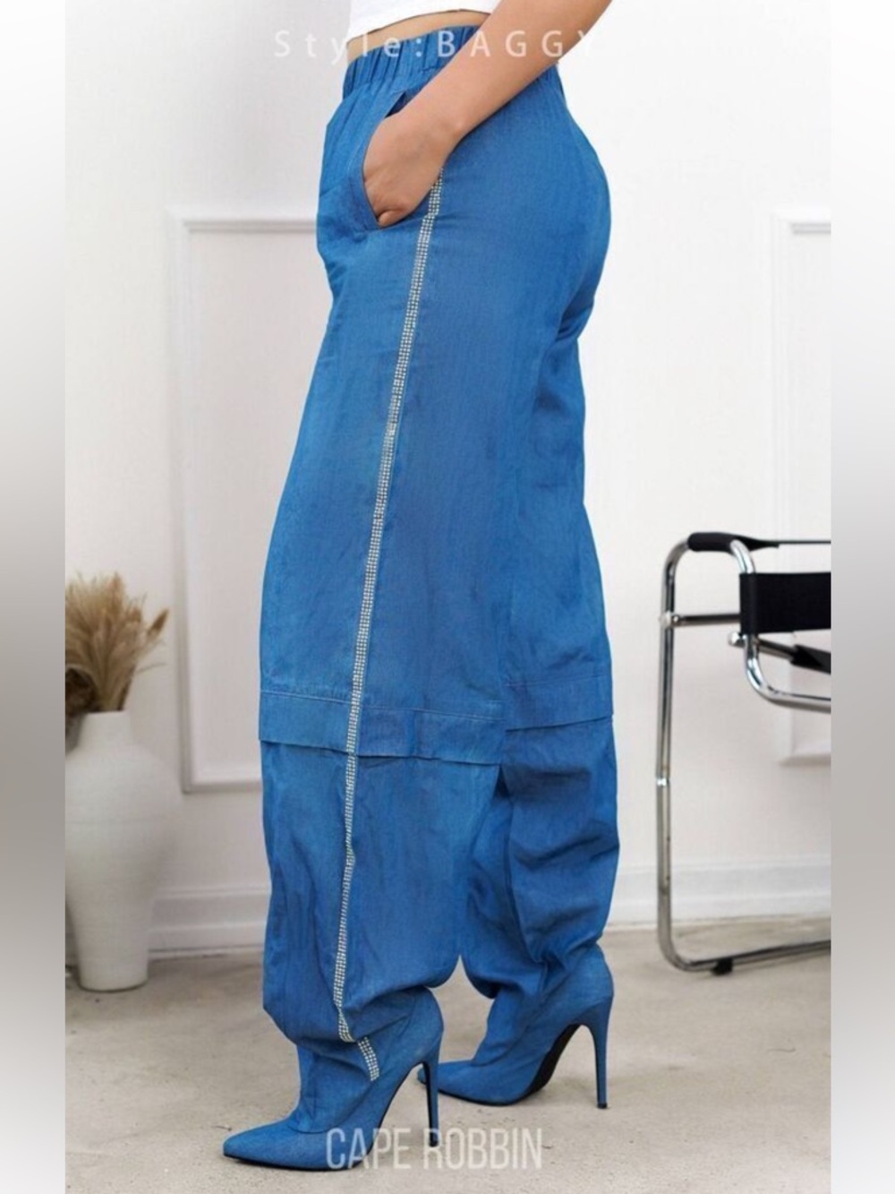 Cape Robbin Royal Blue Wide-Leg Baggy Pants with high heeled shoe attached